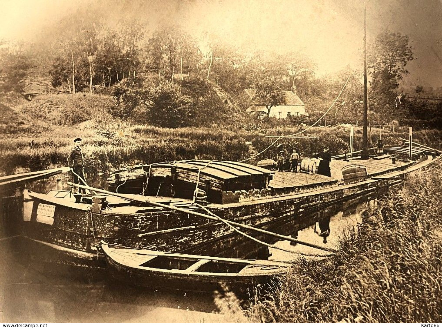 Péniches * RARE Grande Photo Ancienne Photographe * Péniche Nommée , Barge Chaland Batellerie * Format 40x30cm - Péniches