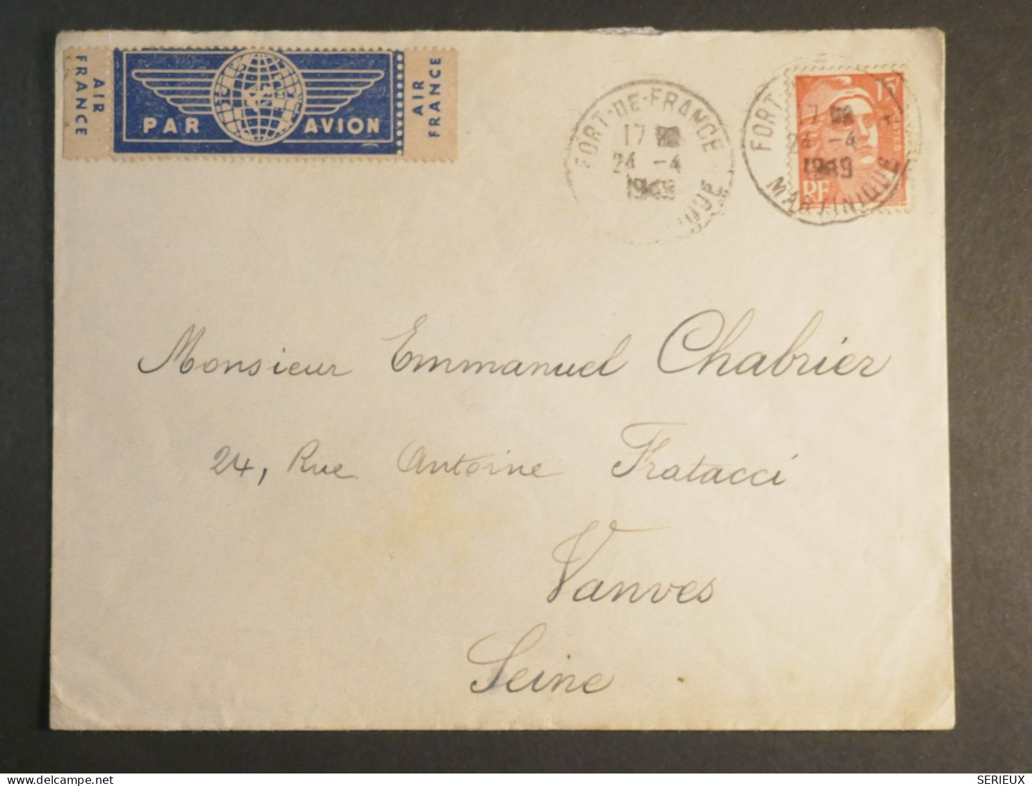 DM 8  MARTINIQUE    LETTRE    1949 A  VANVES  FRANCE   ++AFF. INTERESSANT+++ - Covers & Documents