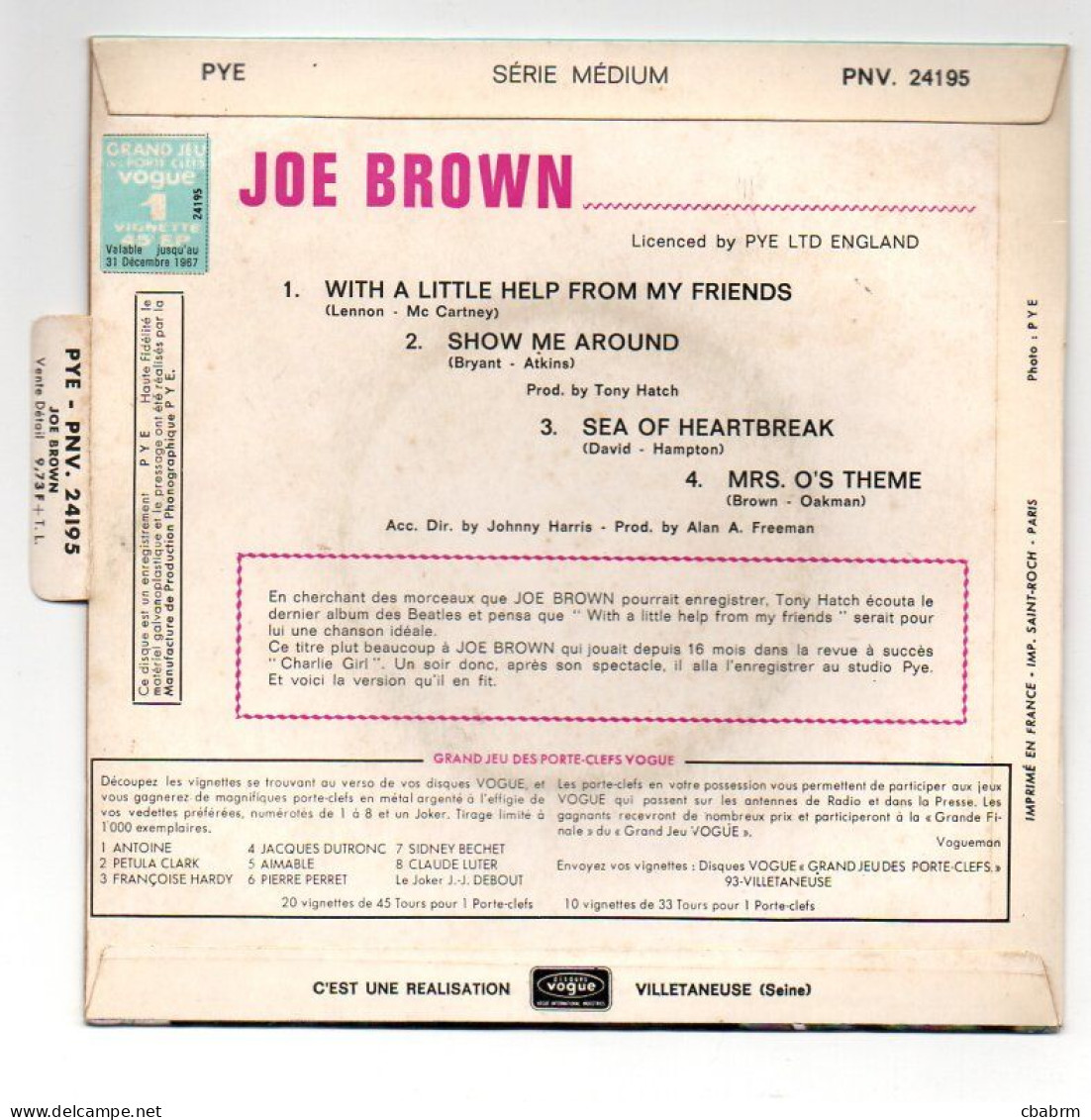 EP 45 TOURS JOE BROWN MRS O'S THEME 1967 FRANCE PYE PNV 24195 AVEC LANGUETTE - 7" - Rock