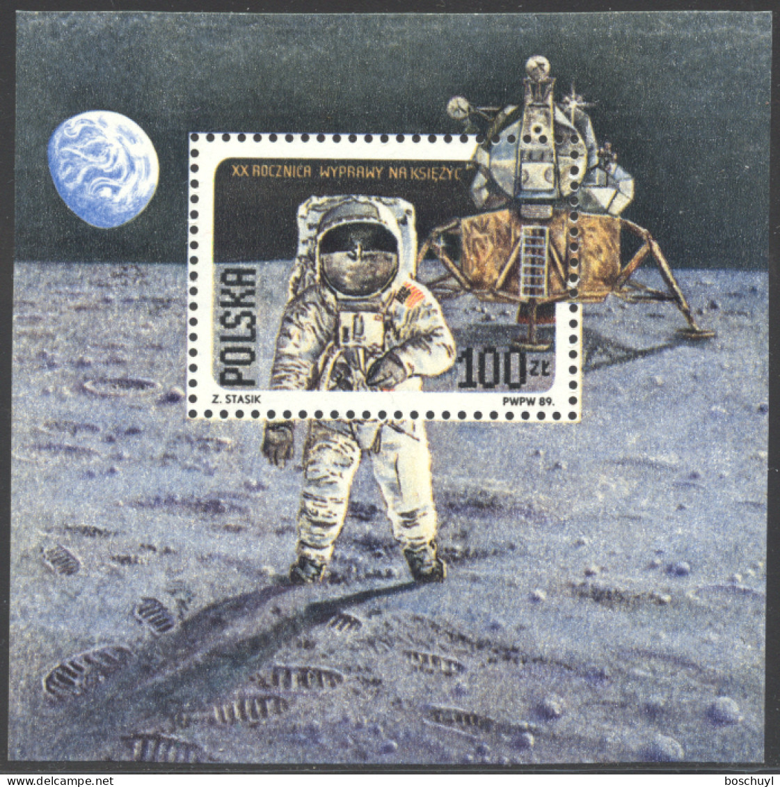 Poland, 1989, Space, Astronaut, Man On The Moon, Perforated, MNH, Michel Block 109A - Ongebruikt