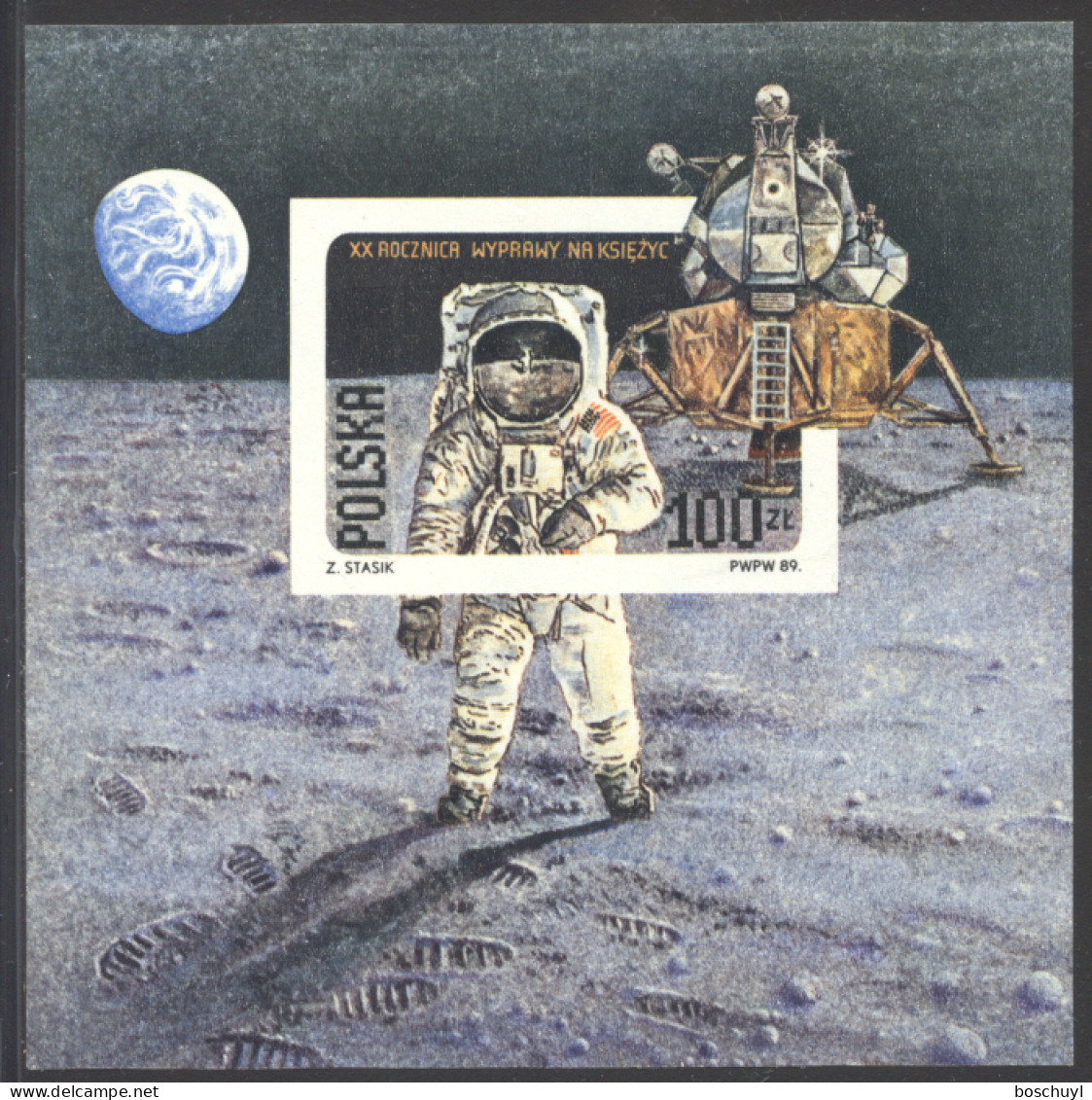 Poland, 1989, Space, Astronaut, Man On The Moon, Imperforated, MNH, Michel Block 109B - Ongebruikt