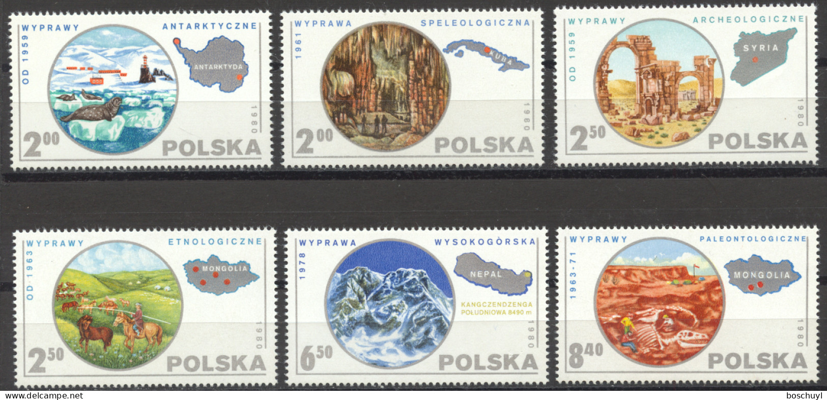 Poland, 1980, Exploration, Expeditions, Grotto, Cave, Dinosaur, Seal, Ruins, MNH, Michel 2686-2691 - Unused Stamps