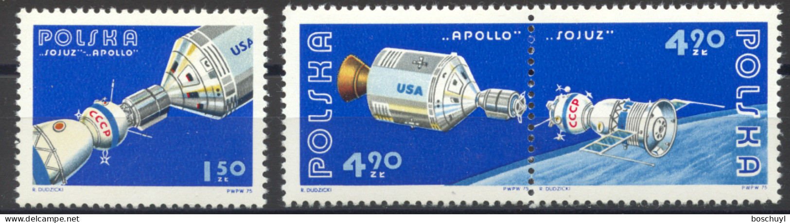 Poland, 1975, Space, Apollo, Soyuz, MNH, Michel 2386-2388 - Nuovi