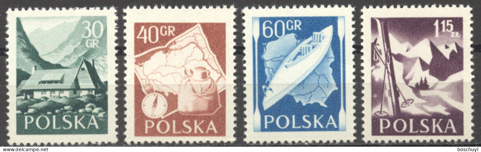 Poland, 1955, Walking, Trailing, Hiking, Boat, Skiing, Sports, MNH, Michel 966-969A - Unused Stamps