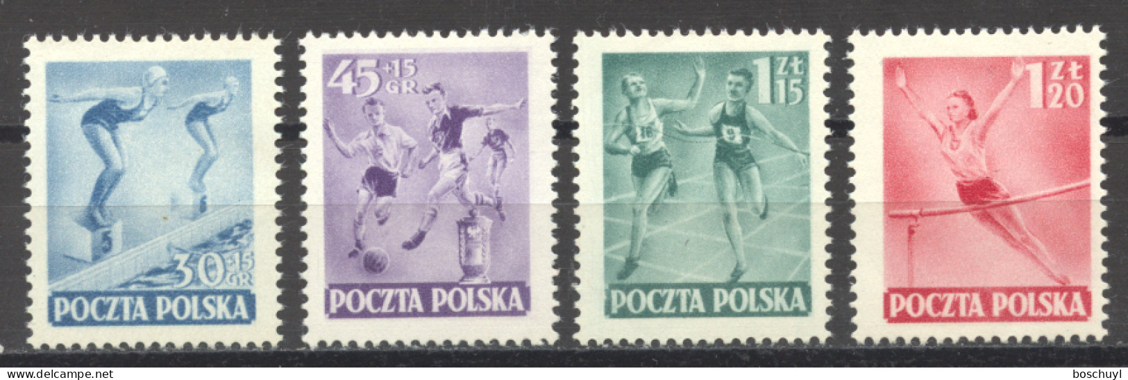 Poland, 1952, Sports Day, Swimming, Soccer, Football, Running, Gymnastics, MLH, Michel 750-753 - Unused Stamps