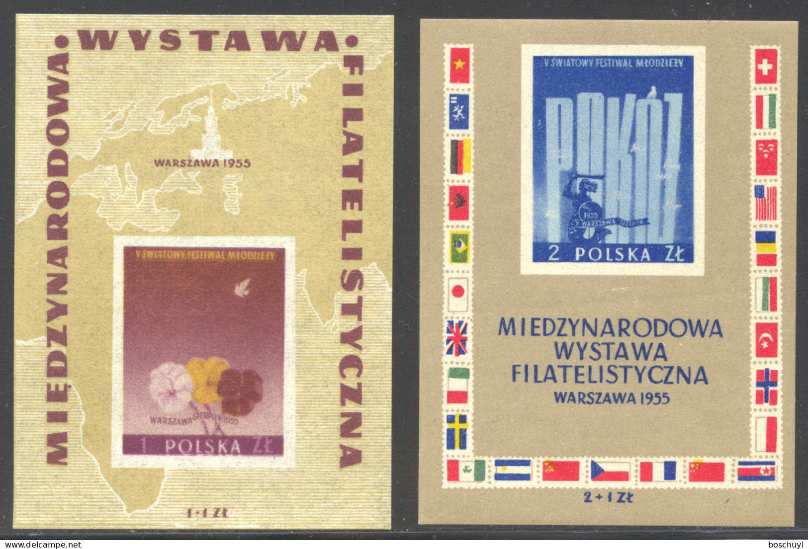 Poland, 1955, International Stamp Exhibition Warsaw, Stamps On Stamps, Flags, MNH, Michel Block 17-18 - Neufs