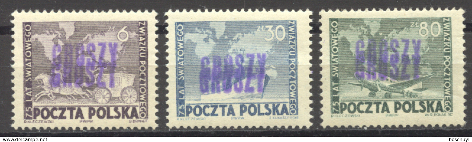Poland, 1950, UPU, Universal Postal Union, United Nations, Groszy Overprint, MNH, Michel 636-638 - Unused Stamps