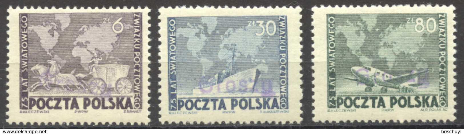 Poland, 1950, UPU, Universal Postal Union, United Nations, Groszy Overprint, MNH, Michel 636-638 - Neufs