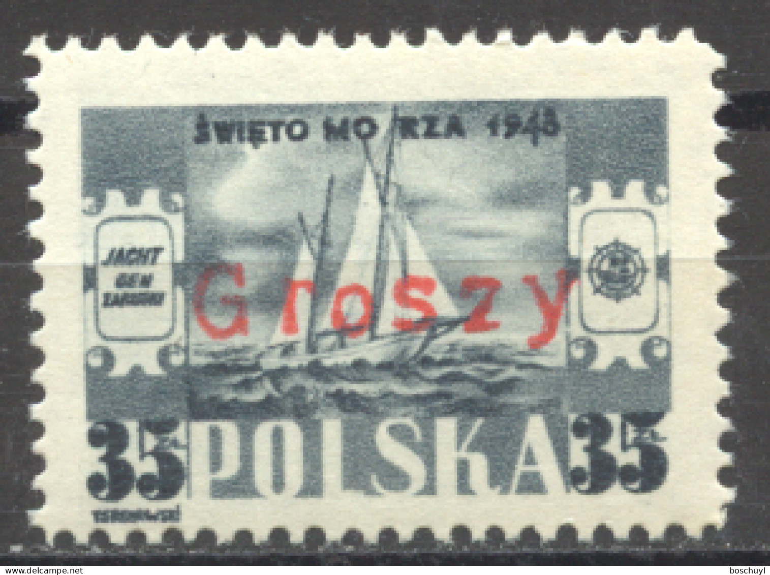 Poland, 1950, Day Of The Sea, Sailing Boat, Ship, Groszy Overprint, MNH, Michel 595 - Ungebraucht