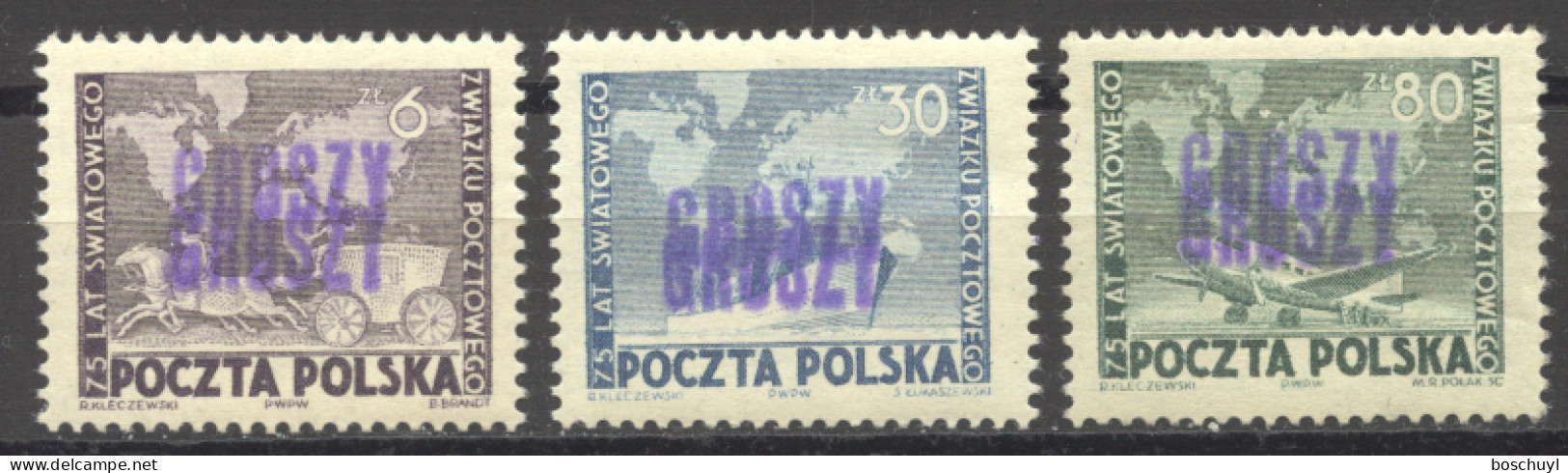 Poland, 1950, UPU, Universal Postal Union, United Nations, Groszy Overprint, MNH, Michel 636-638 - Ongebruikt