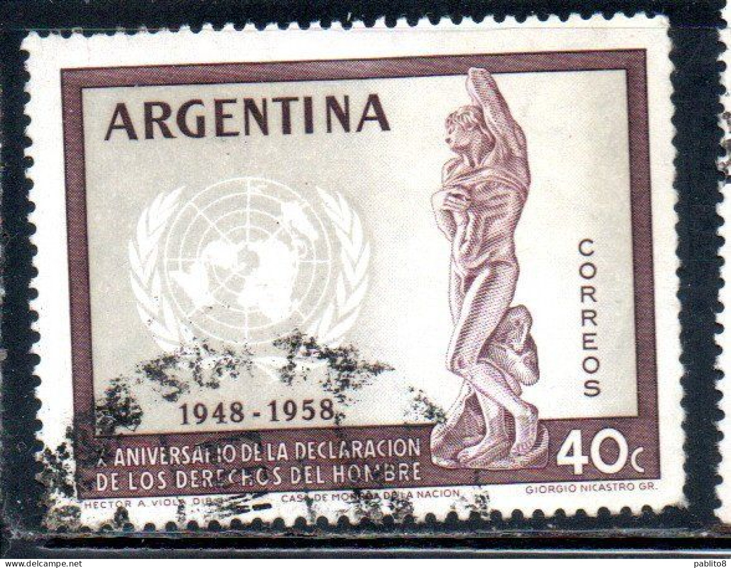 ARGENTINA 1959 UNIVERSAL DECLARATION OF HUMAN RIGHTS 10th ANNIVERSARY SLAVE BY MICHELANGELO UN  40c USED USADO OBLITERE' - Usados