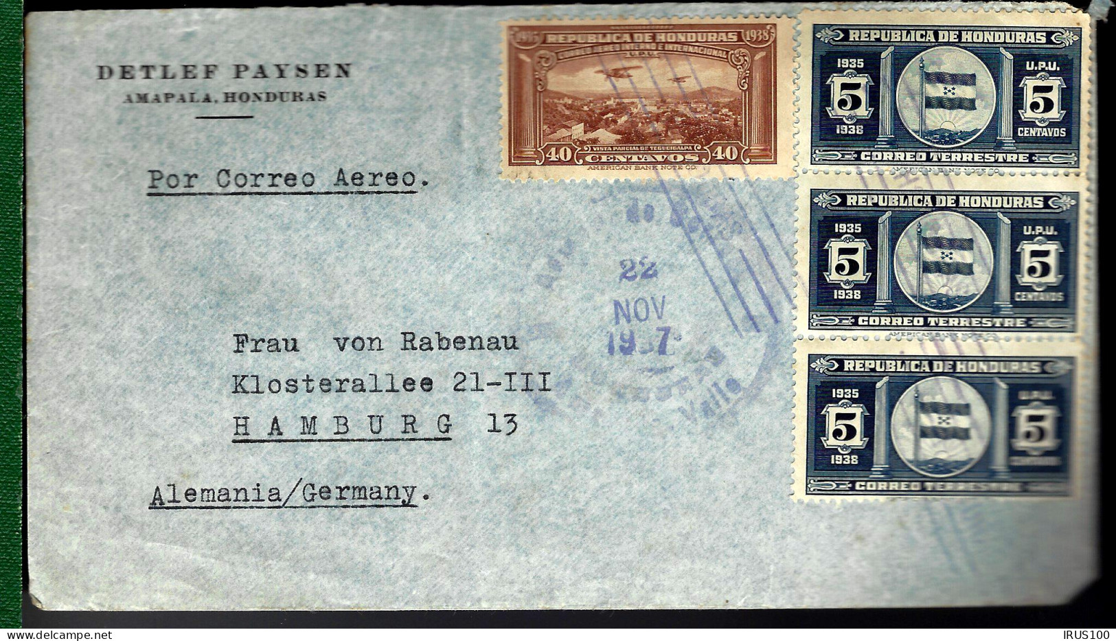 AMAPALA - 1937 - POSTE AÉRIENNE - POUR HAMBURG -  - Honduras