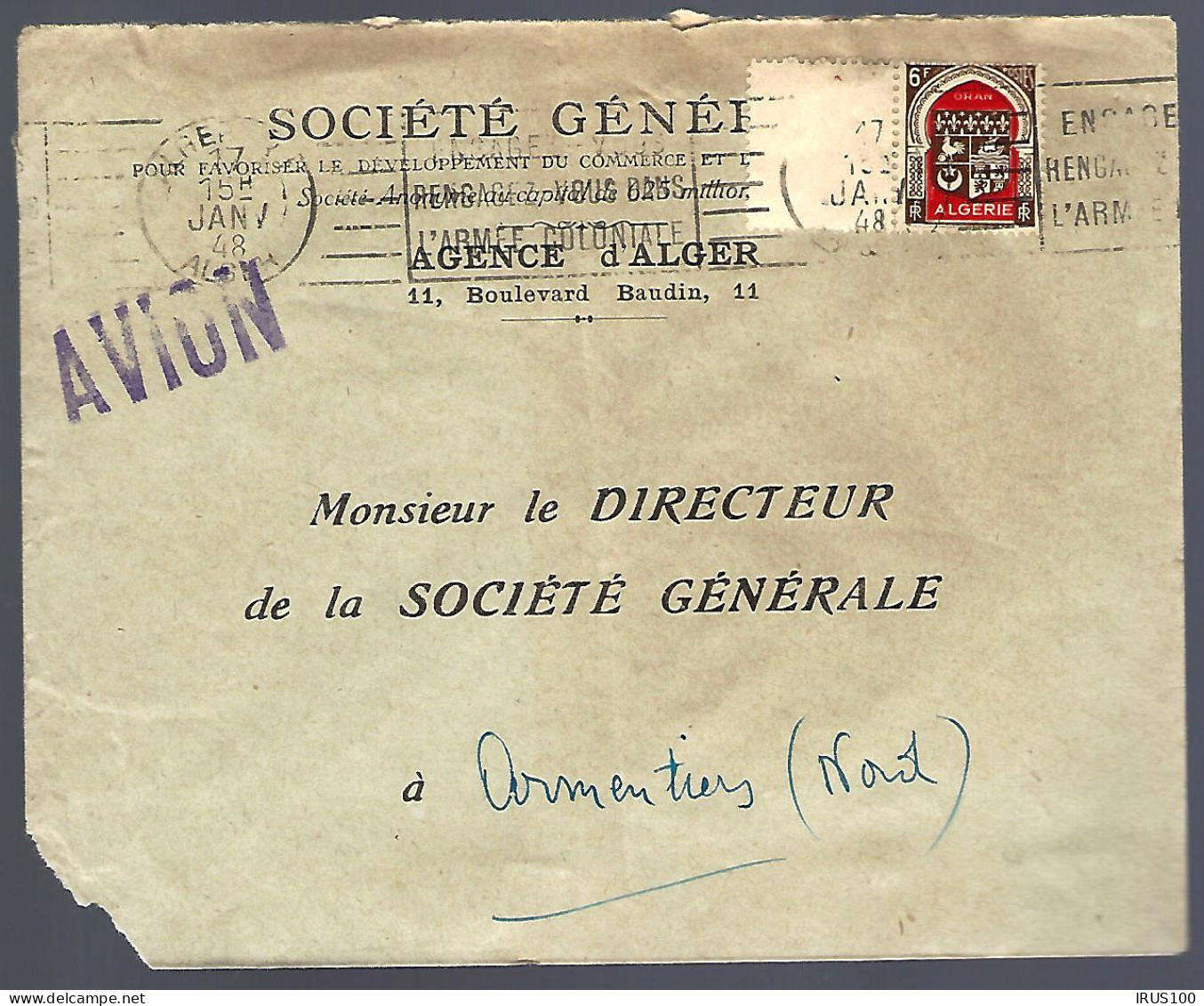 ALGÉRIE - 1948 - PAR AVION - POUR ARMENTIÈRES -  - Lettres & Documents