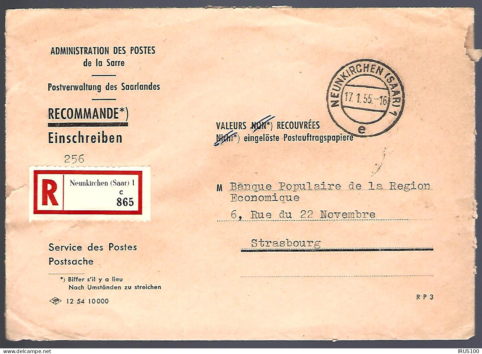 RECOMMANDÉ DE NEUNKIRCHEN (SAAR) - POUR STRASBOURG - Lettres & Documents
