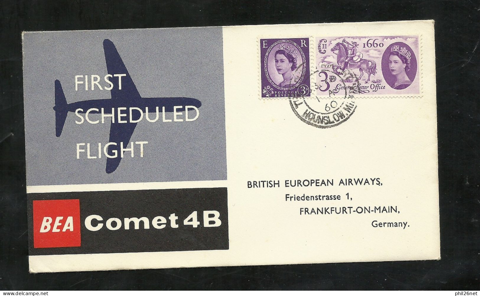 UK Lettre BEA Comet 4B 1ère Liaison Aérienne Londres Le 01/08/1960 Pour Frankurt Le 01/08/1960 N° 267 Et 355 B/ TB - Lettres & Documents