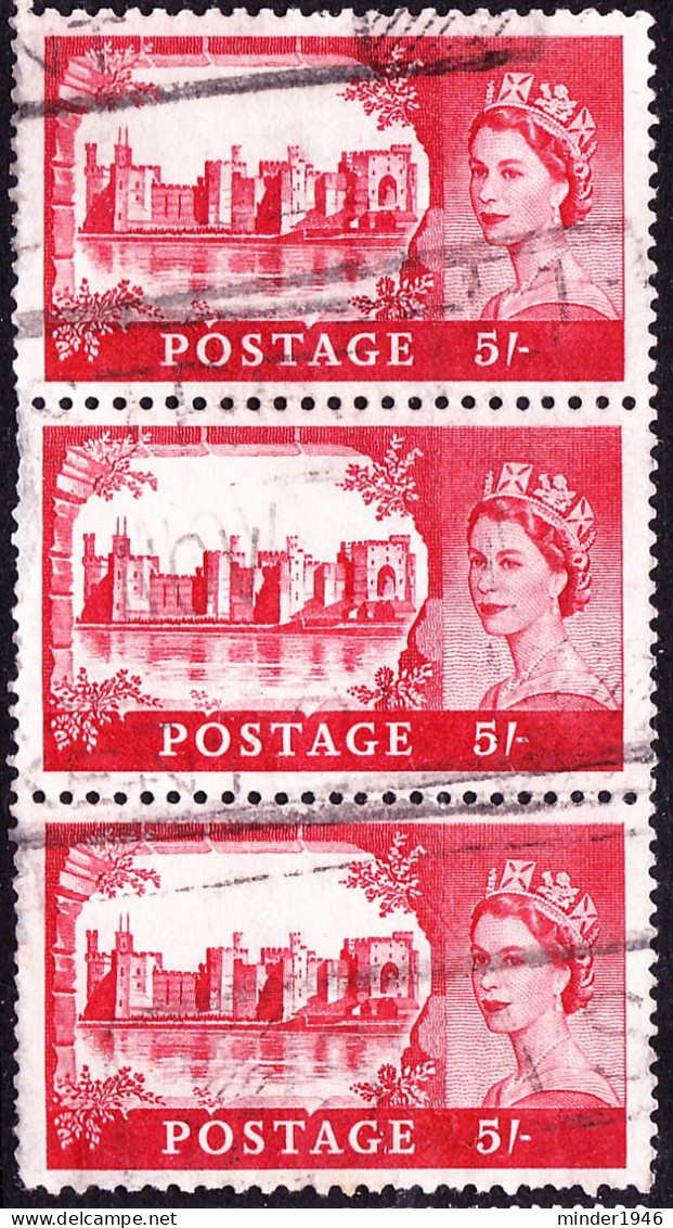 GREAT BRITAIN 1959 QEII 5sh X 3 Vertical Strip Rose-Carmine, Caernarvon Castle SG596 Used - Used Stamps