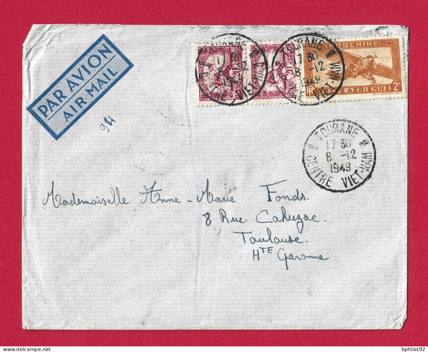 !!! INDOCHINE, LETTRE PAR AVION DE TOURANE, CENTRE VIETNAM POUR LA FRANCE DE 1949 - Airmail