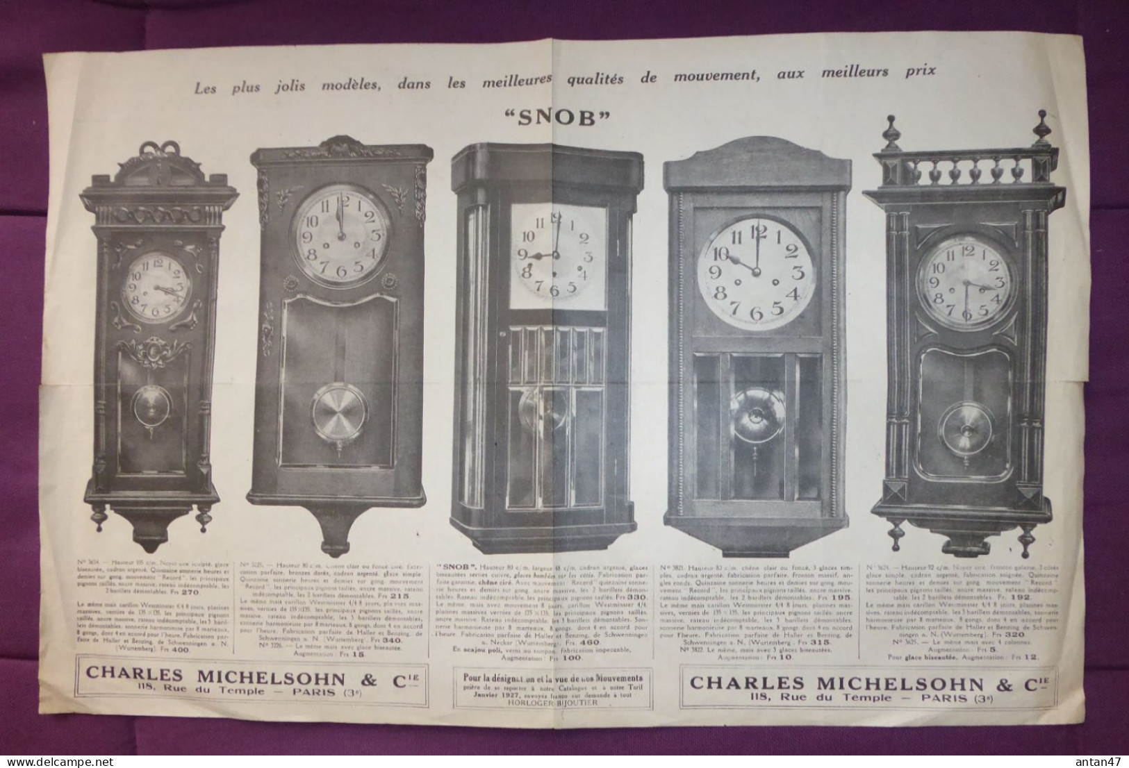 Doc, Tarifs & Modèles CARILLONS WESTMINSTER 1927 /  75003 PARIS / LYON / MICHELSOHN Horloger Bijoutier - Relojes