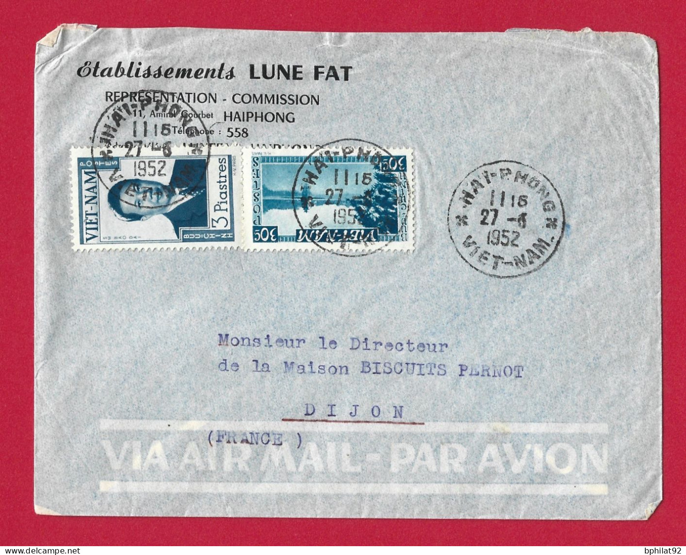 !!! VIÊT NAM, LETTRE PAR AVION DE HAI-PHONG POUR LA FRANCE DE 1952 - Vietnam