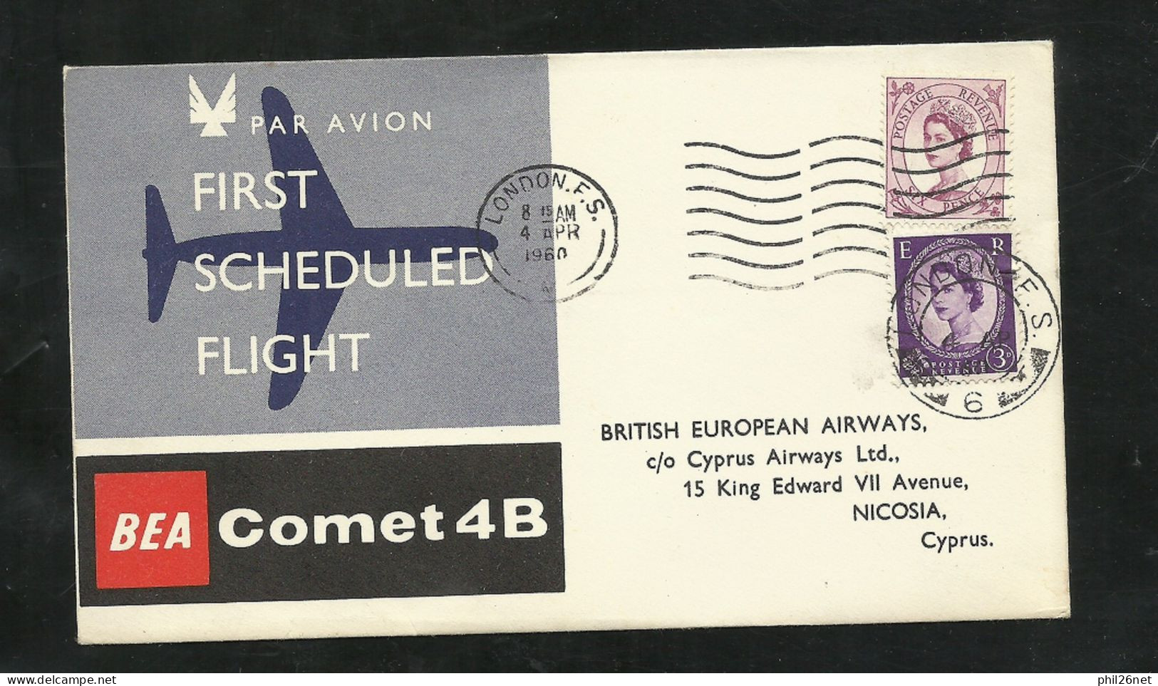 UK Lettre BEA  Comet 4B  1ère Liaison Aérienne Londres Le 04/04/1960 Pour Nicosie Le 05/04/1960 N° 267 Et 270  TB - Cartas & Documentos