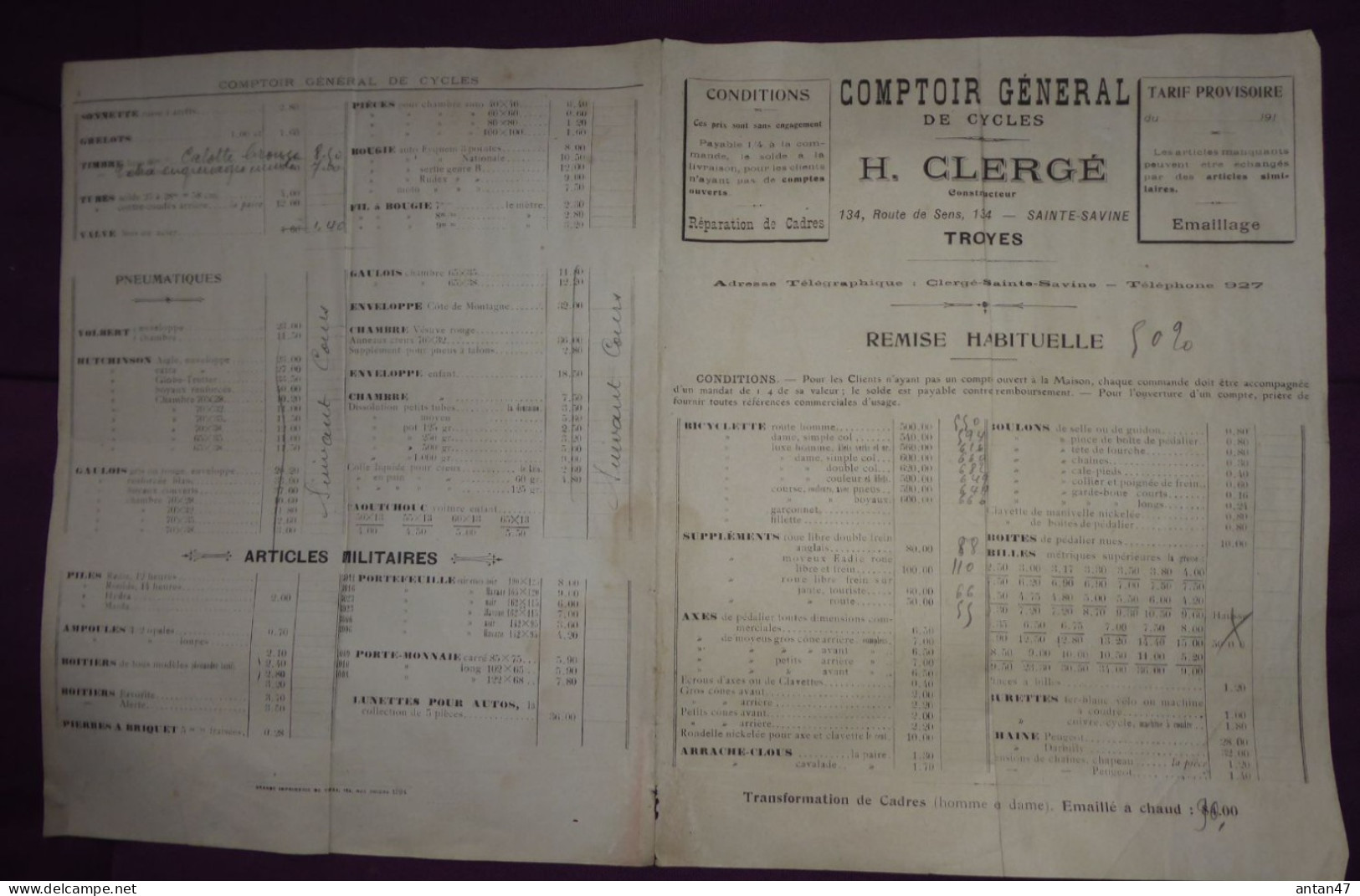 Tarifs Pièces Détachées 191? & 1 Facture 1920 / 10 SAINTE SAVINE TROYES / Cycles PRESTER / H CLERGE - Autres & Non Classés