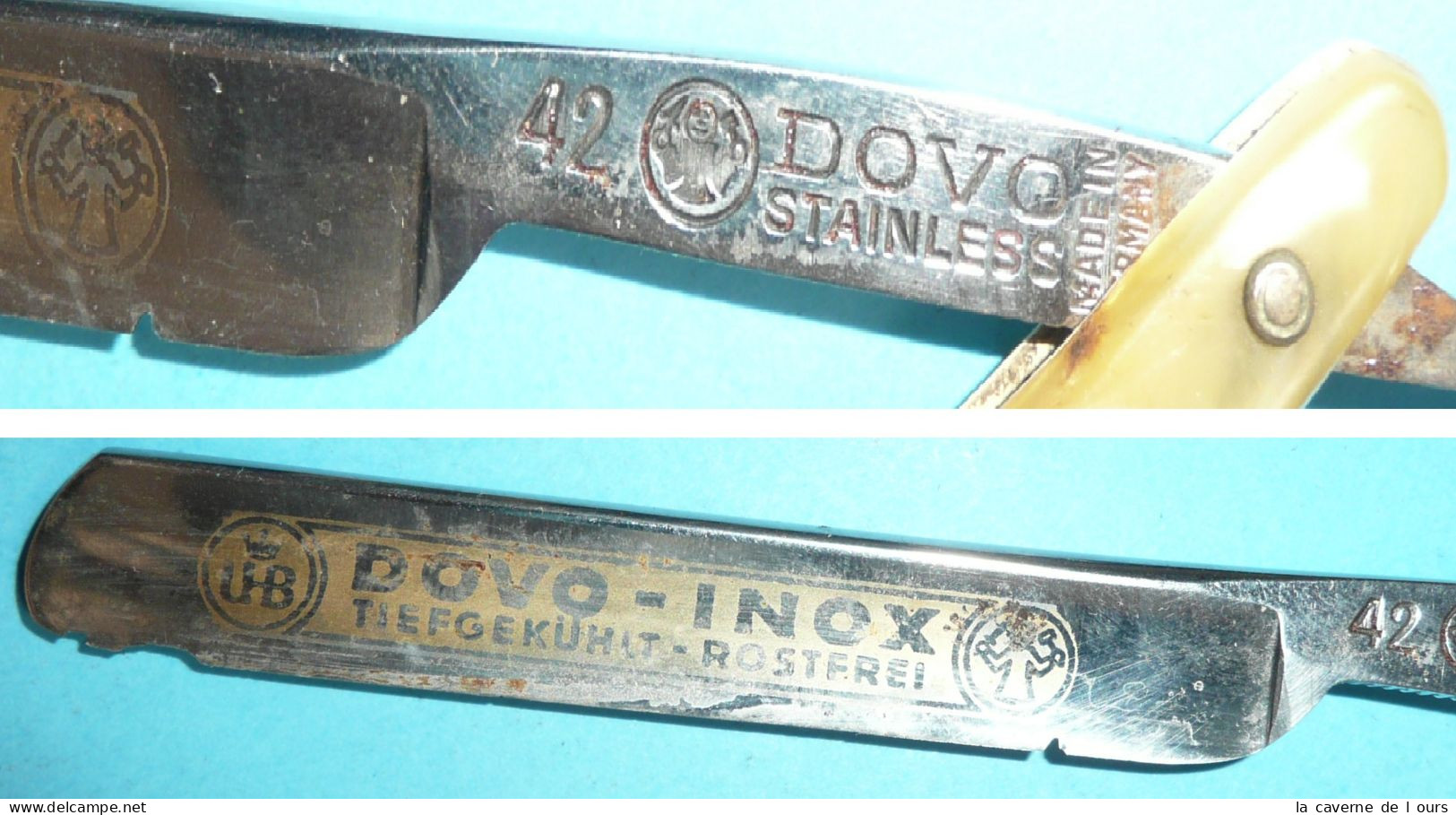 Ancien Rasoir Coupe-chou Choux, DOVO INOX Rostfrei Germany 42, Manche Incrusté, Barber Shop Barbier - Autres & Non Classés