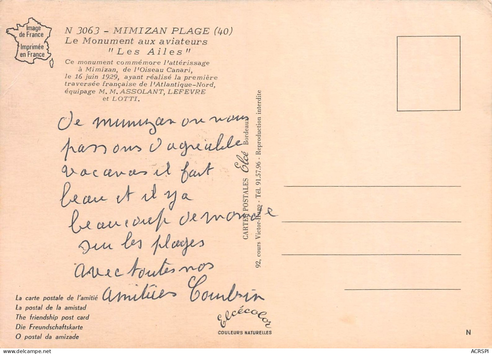 MIMIZAN PLAGE  Le Monument Aux Aviateurs Les Ailes    21 (scan Recto Verso)MH2957 - Mimizan Plage