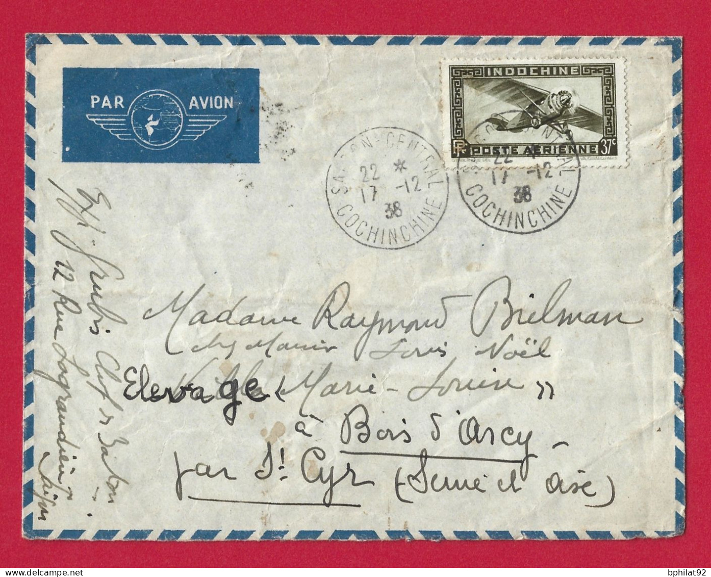 !!! INDOCHINE, LETTRE PAR AVION DE SAIGON-CENTRAL, COCHINCHINE POUR LA FRANCE DE 1938 - Poste Aérienne