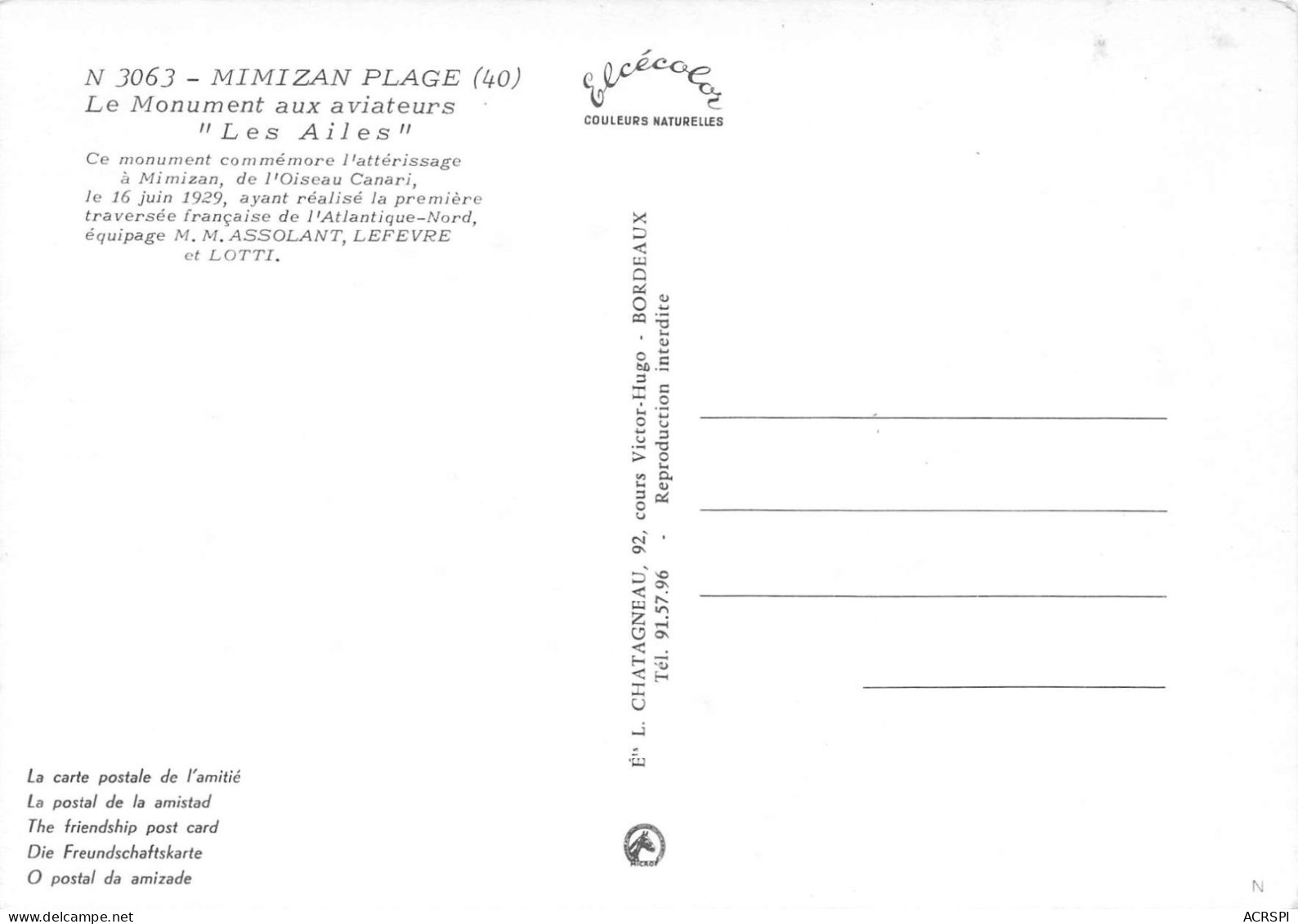 MIMIZAN PLAGE  Le Monument Aux Aviateurs "Les Ailes"      44         (scan Recto Verso)MH2951 - Mimizan Plage