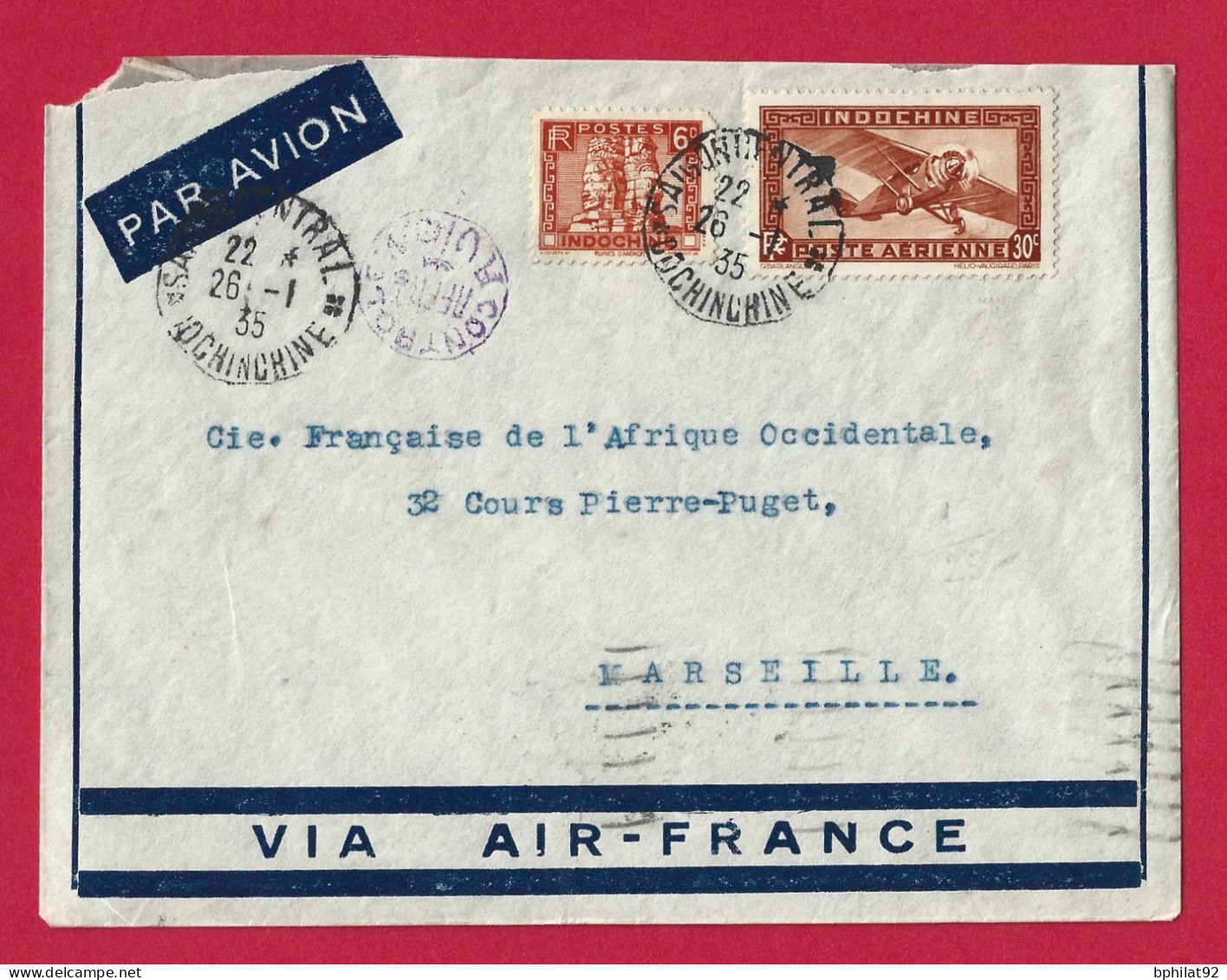 !!! INDOCHINE, LETTRE PAR AVION DE SAIGON-CENTRAL, COCHINCHINE POUR MARSEILLE DE 1935, AVEC MARQUE DE CONTRÔLE AÉRIEN - Posta Aerea