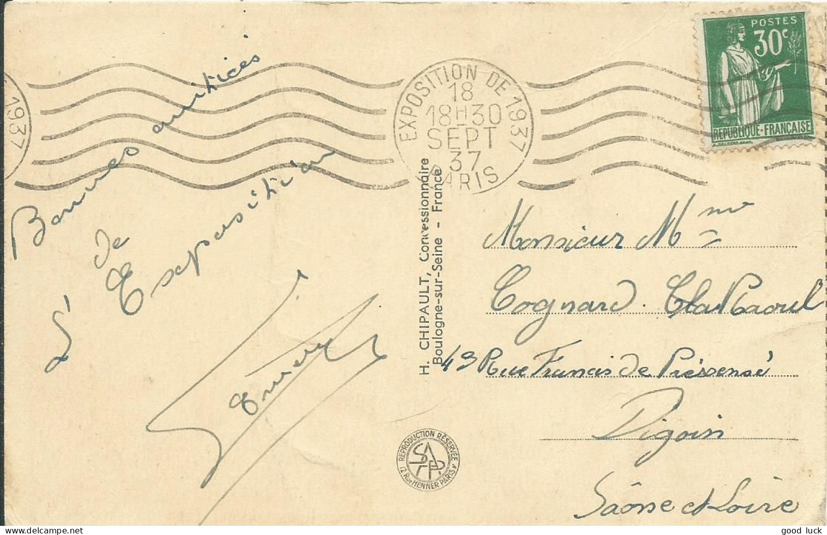 FRANCE CARTE 30c EXPOSITION DE 1937 PARIS POUR DIGOIN ( SAONE ET LOIRE ) DU 18 SEPTEMBRE LETTRE COVER - Temporary Postmarks