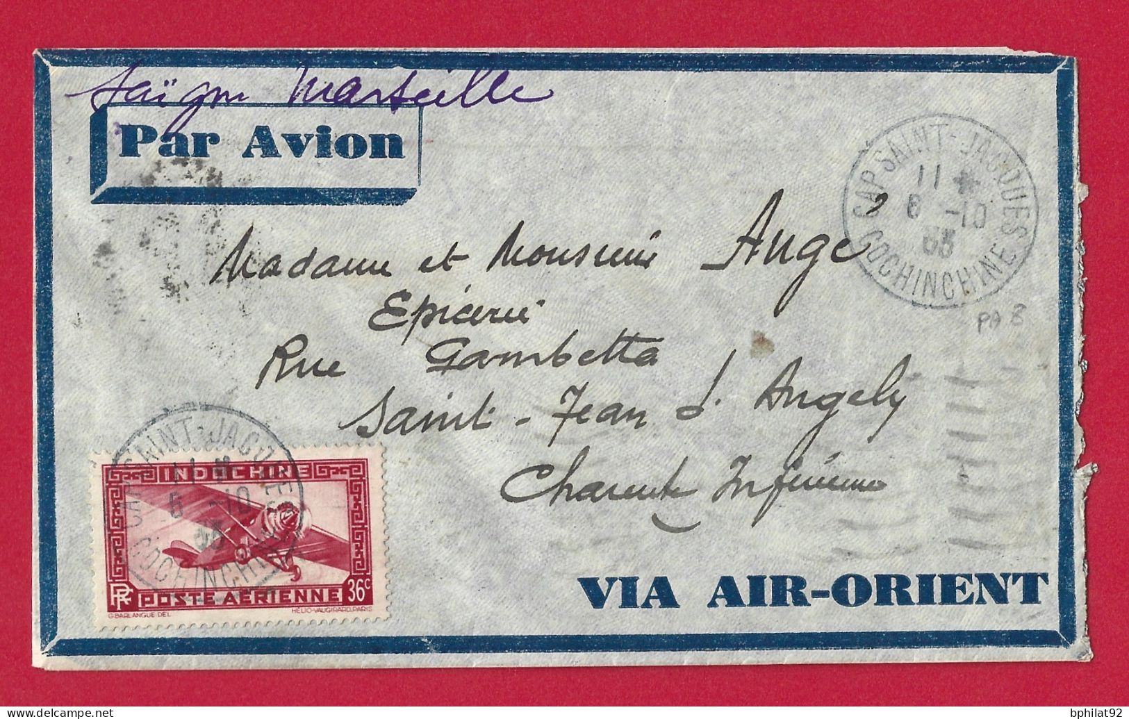 !!! INDOCHINE, LETTRE PAR AVION DU CAP SAINT-JACQUES, COCHINCHINE POUR LA FRANCE DE 1933, LIAISON SAIGON-MARSEILLE - Poste Aérienne