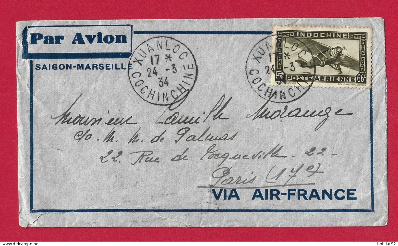 !!! INDOCHINE, LETTRE PAR AVION VIA AIR FRANCE, DE XUANLOC, COCHINCHINE POUR PARIS DE 1934 - Luchtpost