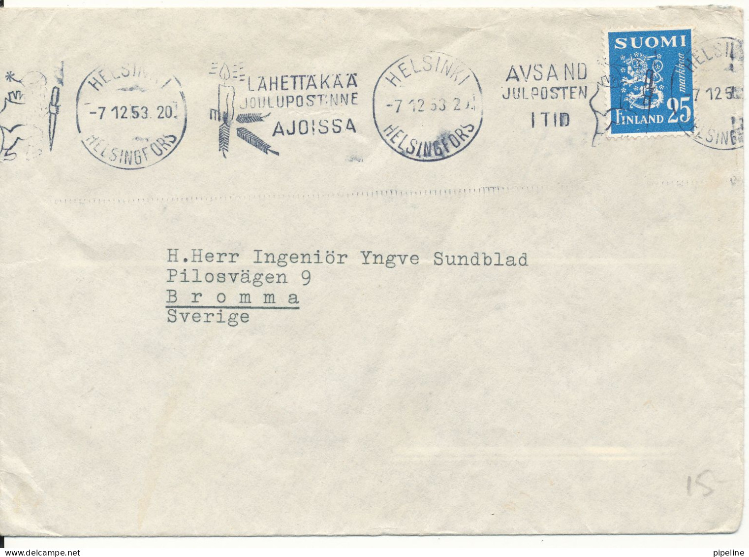 Finland Cover Sent To Sweden 7-12-1953 Single Franked Lion Stamp - Briefe U. Dokumente
