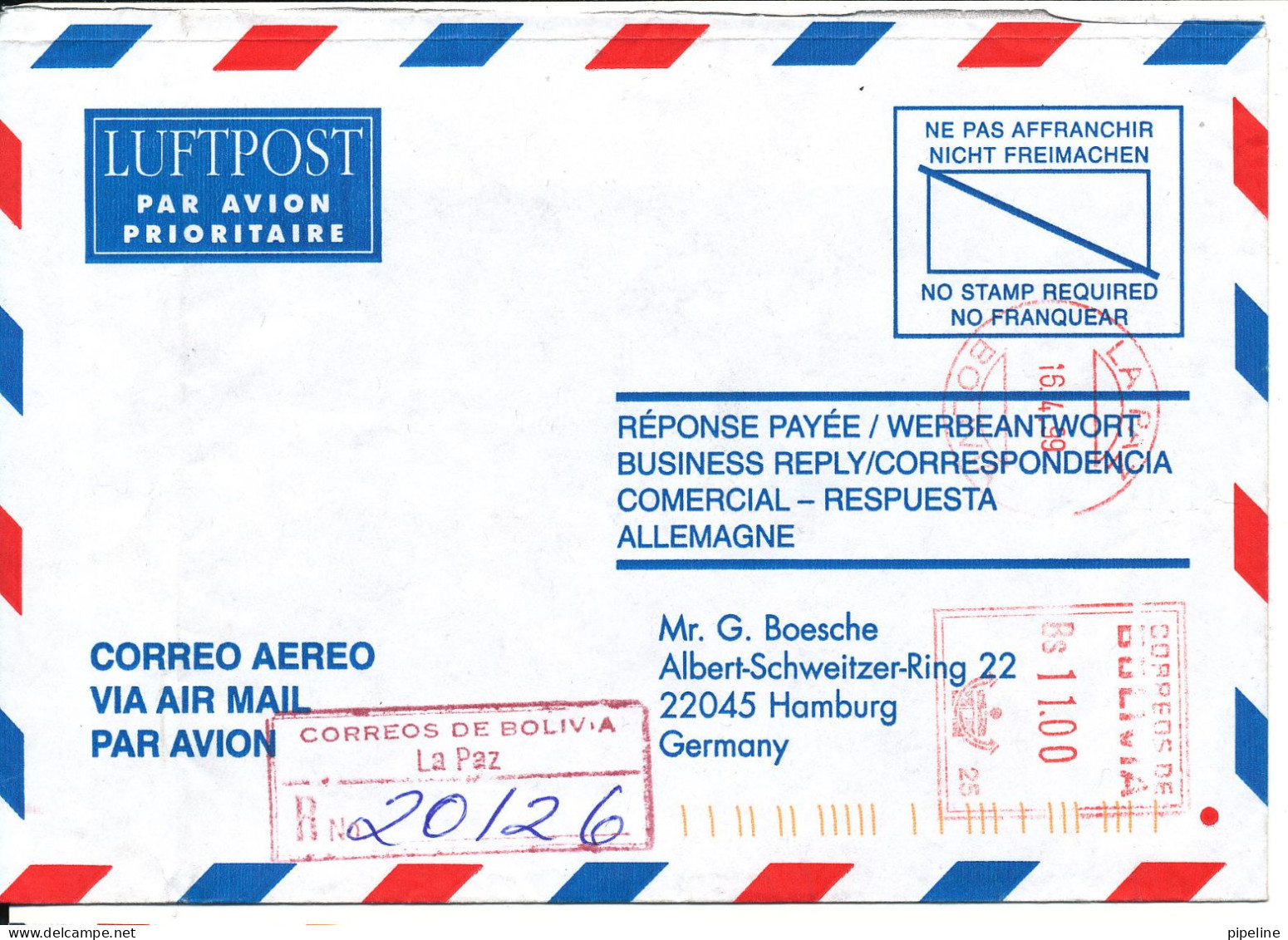 Bolivia Registered Air Mail Cover With Meter Cancel Sent To Germany 16-4-1999 - Bolivie