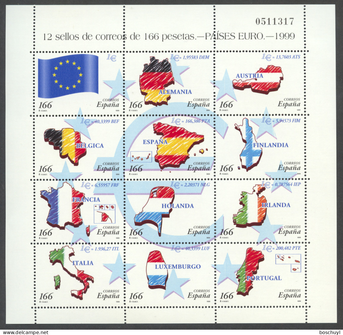 Spain, 1999, Introduction Of The Euro, Maps, Flags, MNH Sheetlet, Michel 3466-3477 - Nuevos