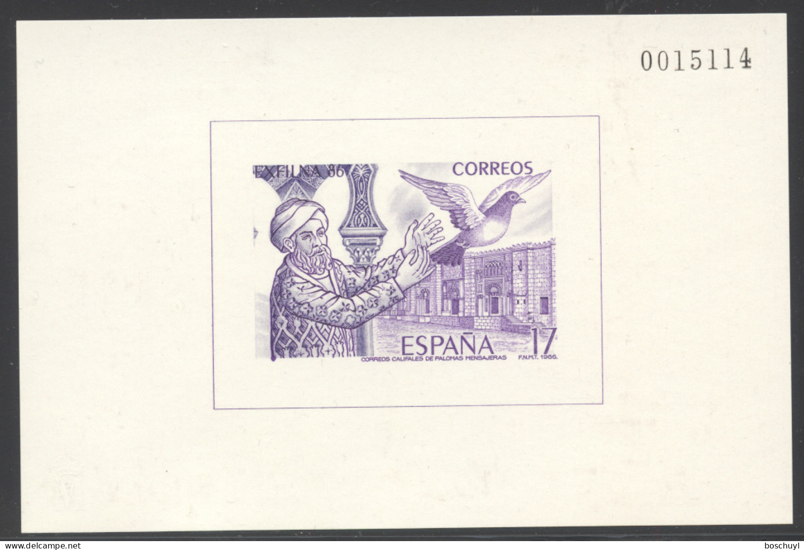 Spain, 1986, Exfilna Stamp Exhibition, Arab Scholar, Dove, Mosque, Imperforated Deluxe Sheet, MNH, Michel Block 29 - Commemorative Panes