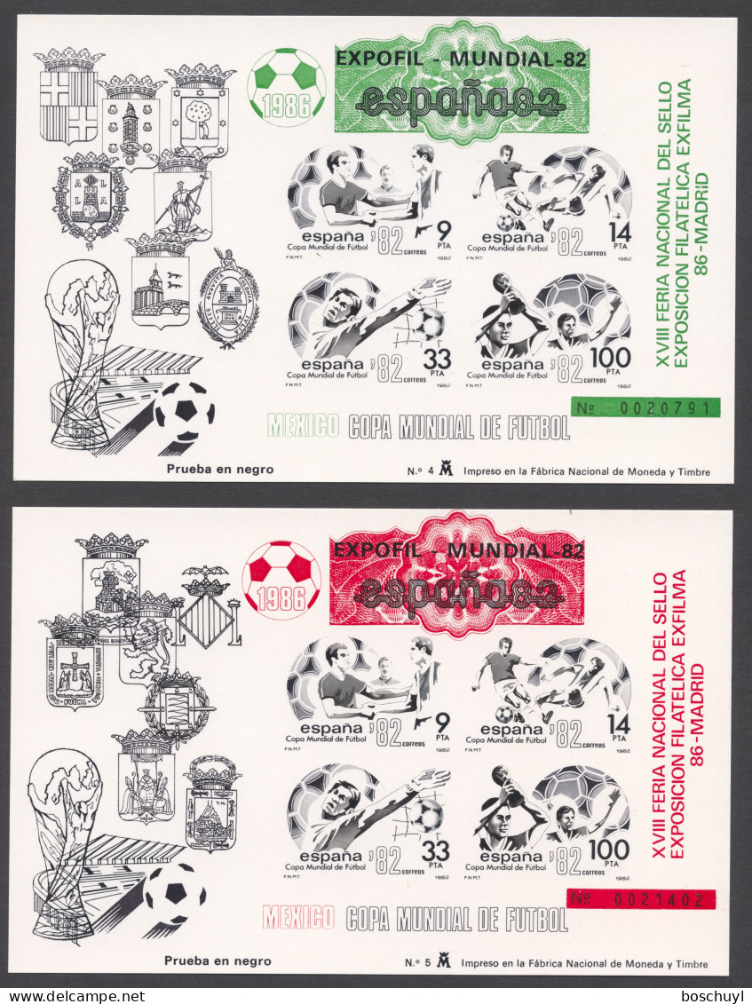 Spain, 1986, Soccer World Cup Spain Mexico, Football, Expofil Black Prints, Green Red Overprint, MNH, Michel Block 25-26 - Souvenirbögen