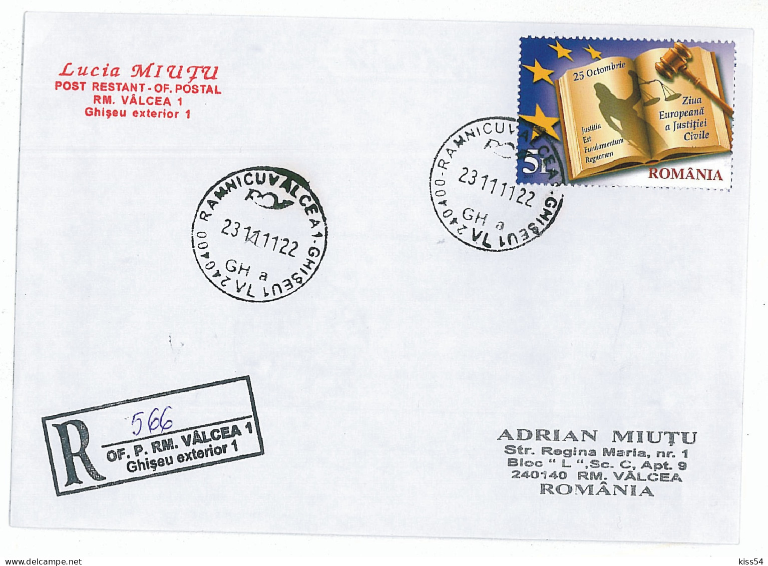 NCP 18 - 566-a European JUSTICE Civil Day, Romania - Registered - 2011 - Cartas & Documentos