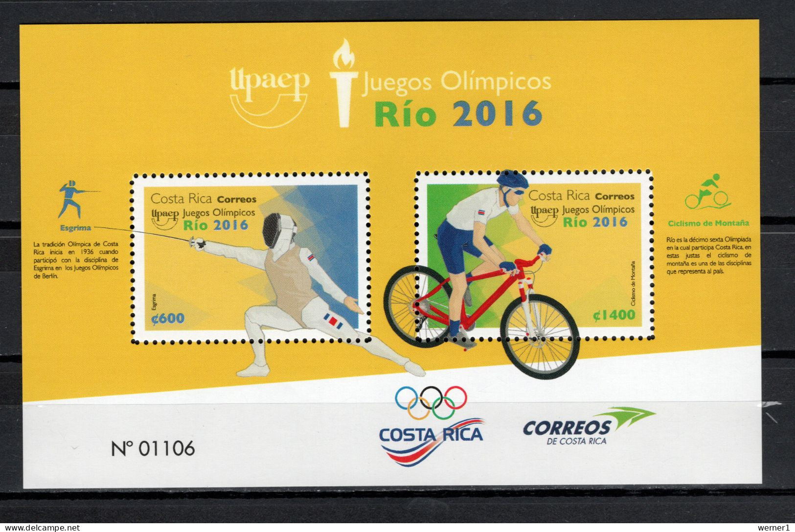 Costa Rica 2016 Olympic Games Rio De Janeiro S/s MNH - Summer 2016: Rio De Janeiro