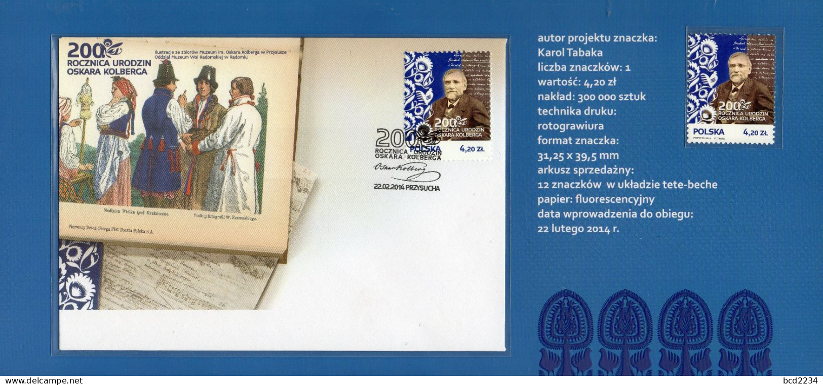 POLAND 2014 POLISH POST OFFICE LIMITED EDITION FOLDER: 200 BIRTH ANNIVERSARY OSCAR KOLBERG FDC FOLK COSTUMES DANCING - Dance