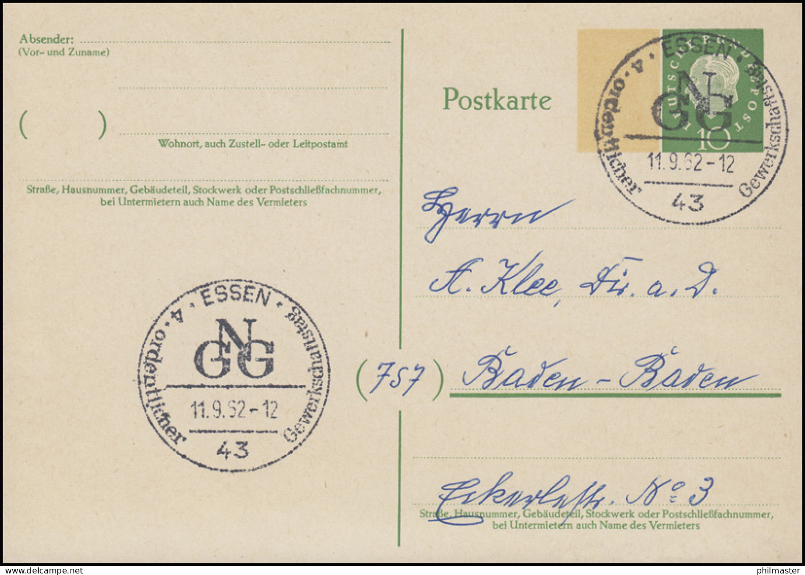 Postkarte P 43I Heuss 10 Pf Beidruck 15x22 Mm SSt ESSEN Gewerkschaftstag 11.9.62 - Postkarten - Ungebraucht