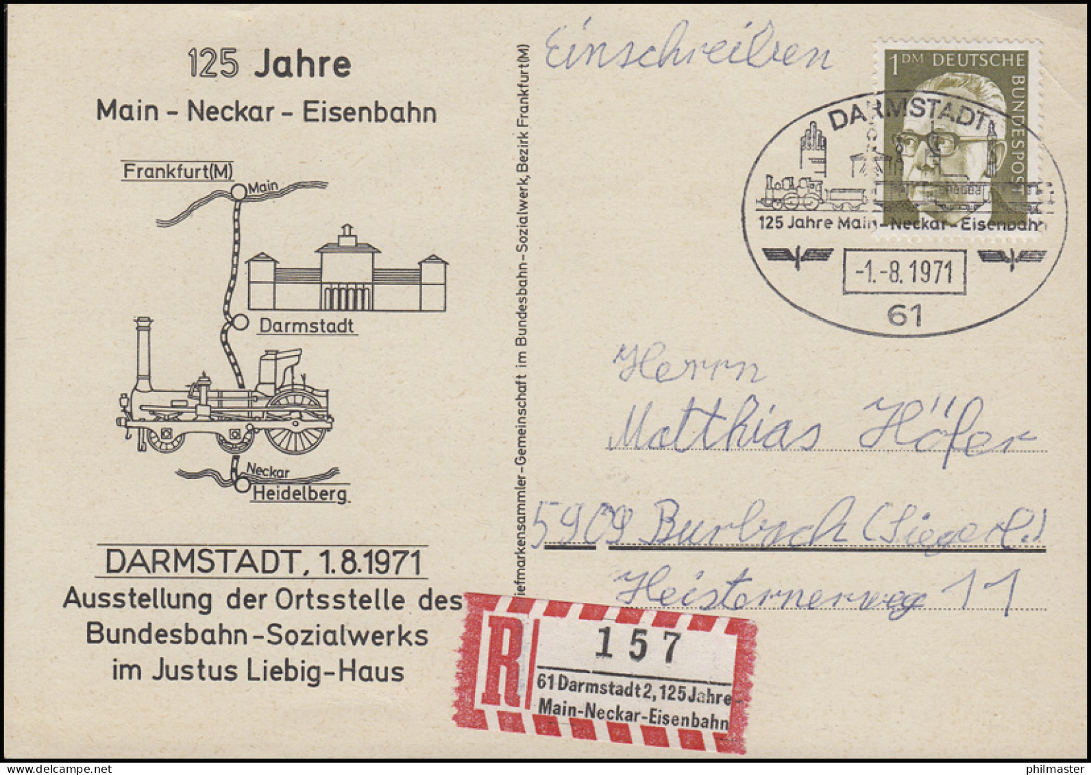 Sonder-R-Zettel 125 Jahre Main-Neckar-Eisenbahn R-Sonder-PK SSt Darmstadt 1.8.71 - Etiquettes 'Recommandé' & 'Valeur Déclarée'