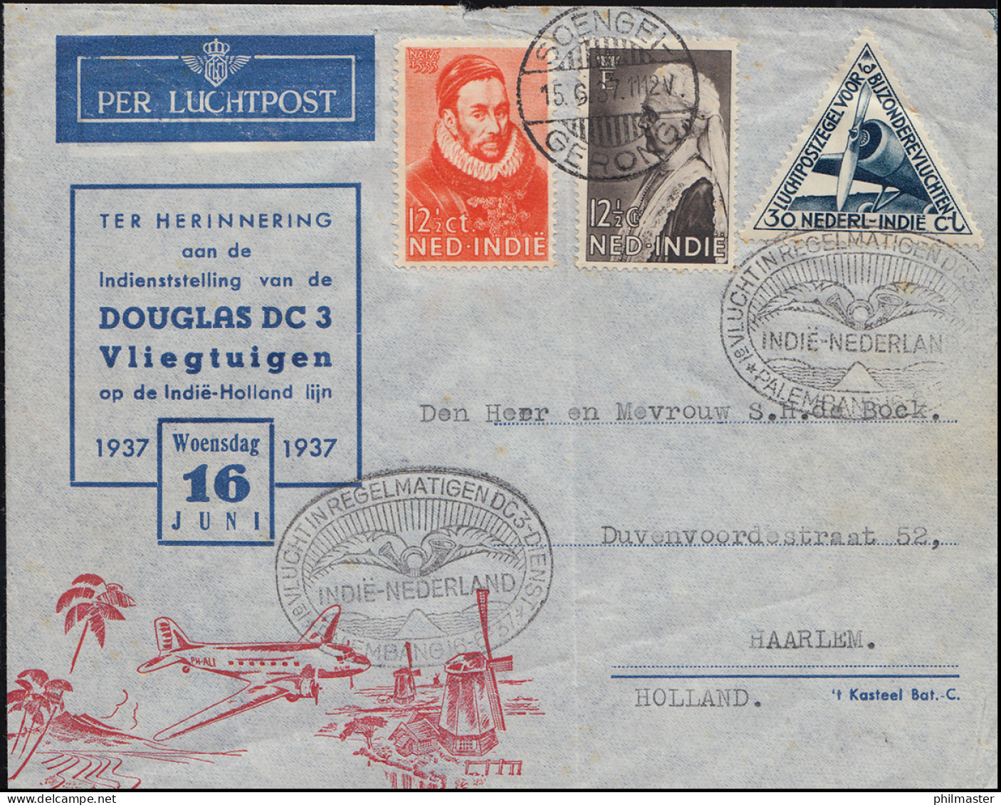 KLM-Erstflug Douglas DC 3 Niederl.Indien-NL Palembang 16.6.37 Ab Soengeigerong - Poste Aérienne