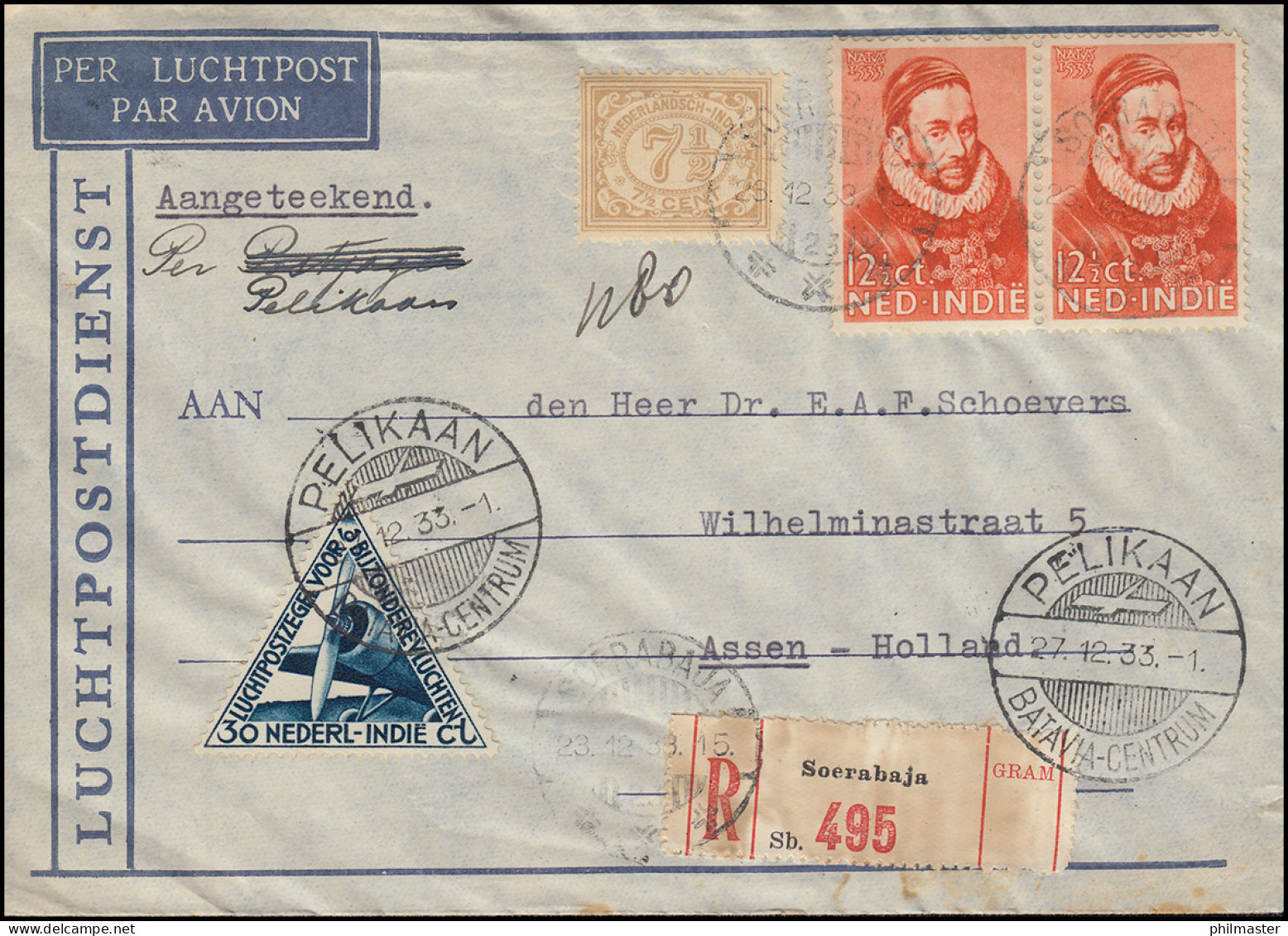 KLM-Flugpost PELIKAAN BATAVIA-CENTRUM 27.12.33 Als R-Brief Ab SOERABAJA 23.12.33 - Airmail