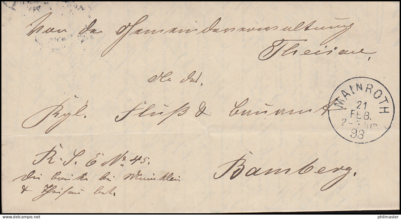 Bayern 1893: Faltbrief Gemeinde Theisau Halbkreis-O MAINROTH 21.2.93 N. BAMBERG - Autres & Non Classés