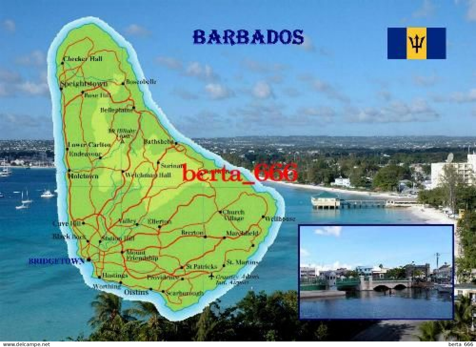 Barbados Country Map New Postcard * Carte Geographique * Landkarte - Barbados (Barbuda)