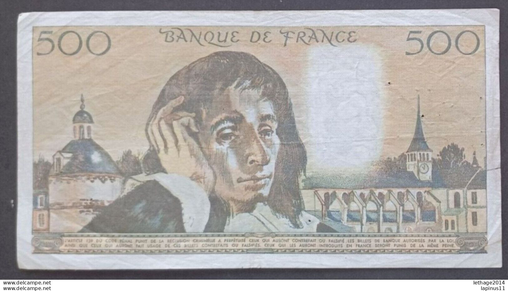 BANKNOTE MONEY PAPER 500 FRENCH FRANCS 1977 SERIES NL 69 - 500 F 1968-1993 ''Pascal''