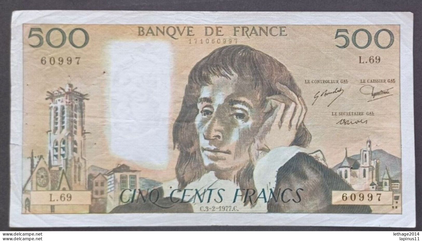 BANKNOTE MONEY PAPER 500 FRENCH FRANCS 1977 SERIES NL 69 - 500 F 1968-1993 ''Pascal''