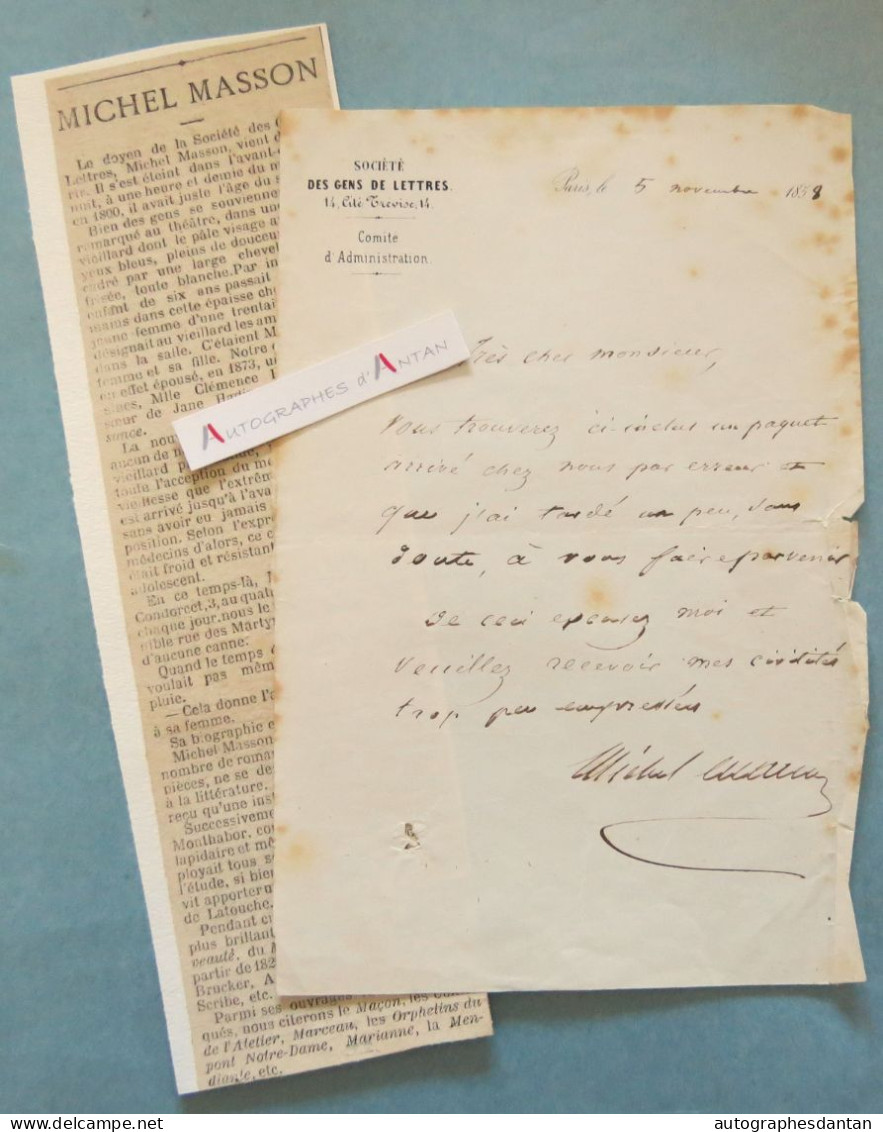 ● L.A.S 1858 Michel MASSON écrivain Journaliste Société Des Gens De Lettres - SGDL - Lettre + Article - Schriftsteller